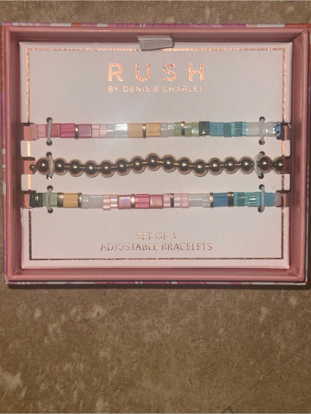 RUSH by Denis & Charles Set of 3 Adjustable Beaded Bracelets - Pastel Multi NIP